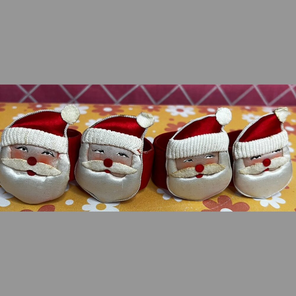 Set of 4 Vintage Fabric Santa Face Napkin Rings Cotton Nylon Satin